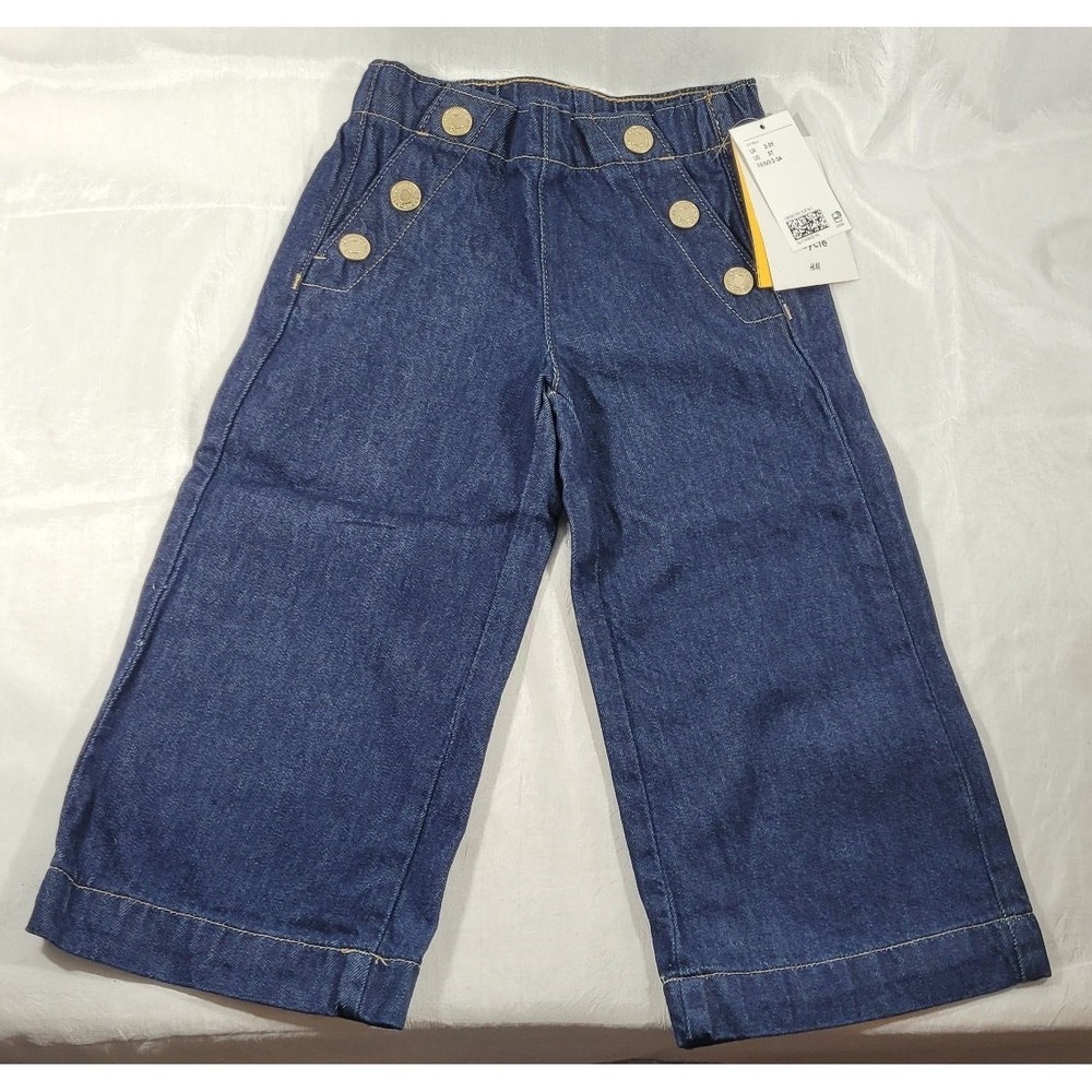 H&M Toddler Girl's Loose Fit Wide Leg Jeans w/ Button Details - Dark Blue -‎ 3T